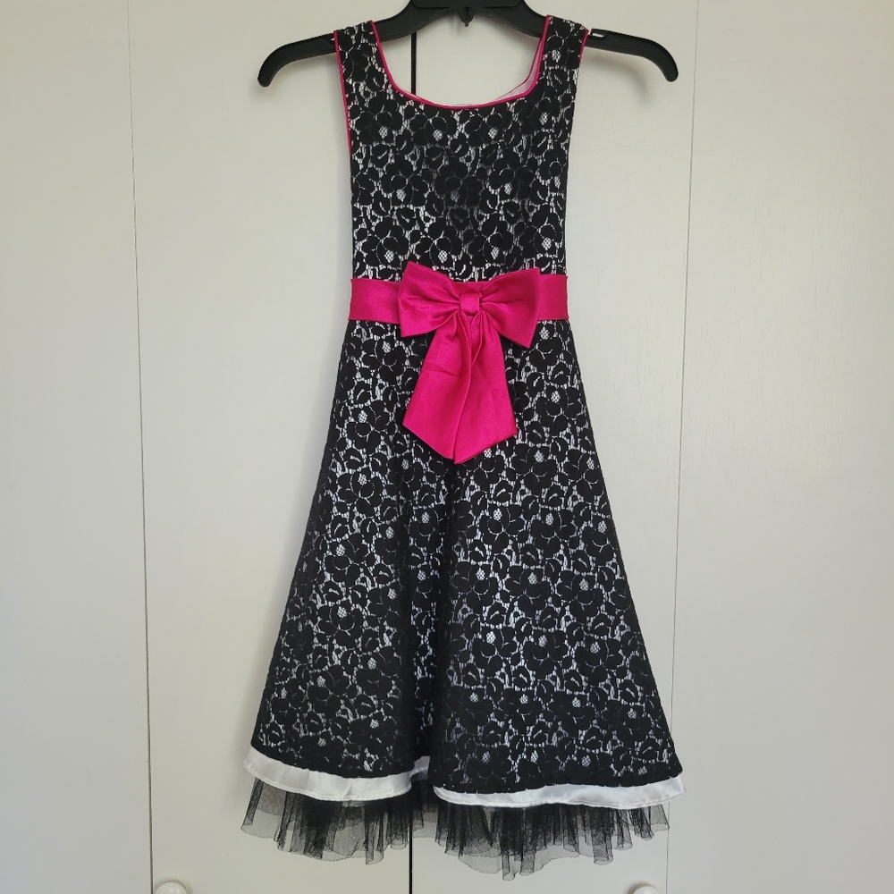 Emily West Black Lace Dress Child's Size 12 Bright Pink Trim & Bow